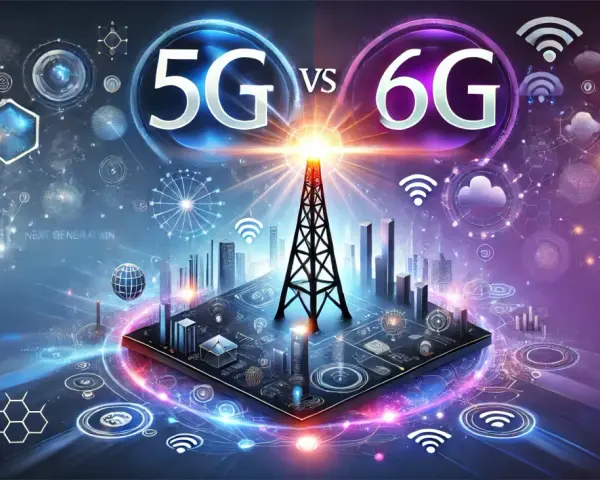 Porównanie 5G i 6G: futurystyczna wizja technologii sieciowych z wieżą transmisyjną w centrum.