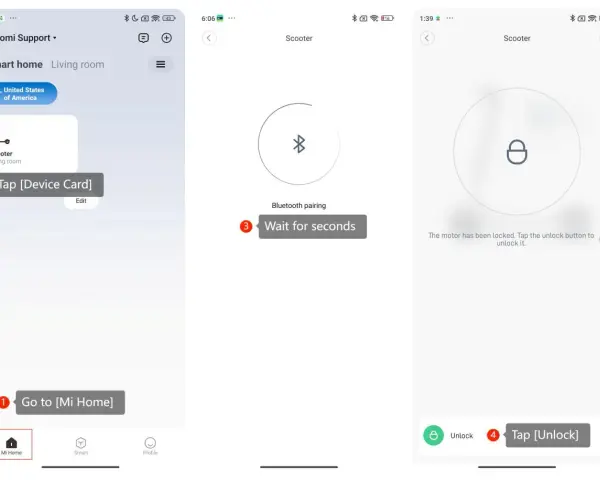 Ekran aplikacji Xiaomi Mi Home pokazujący połączenie hulajnogi przez Bluetooth.