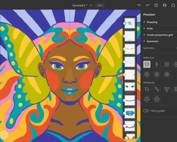 Kolorowy portret kobiety z motylimi skrzydłami, tworzony w programie Adobe Fresco z włączoną symetrią.