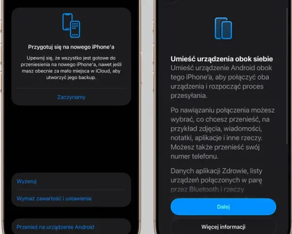 Przygotowanie do przeniesienia danych na nowego iPhone'a. Ekran z opcją "Przenieś na urządzenie Android" i instrukcjami, jak umieścić urządzenia obok siebie, by rozpocząć transfer. ios 26.3.