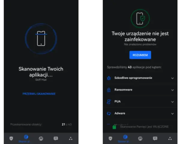 Skanowanie telefonu w poszukiwaniu wirusów zakończone. Aplikacja informuje, że urządzenie jest czyste. Dowiedz się, jak usunąć wirusa z telefonu, jeśli skanowanie wykryje zagrożenie.