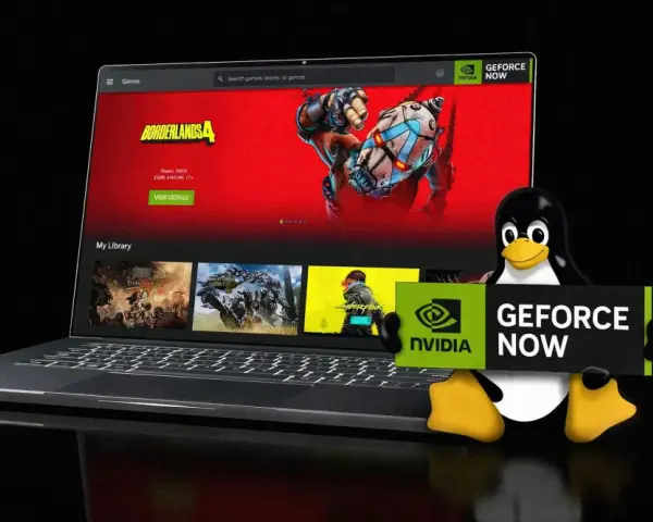 Tux z Linuksa trzyma tabliczkę GeForce NOW, obok laptopa z interfejsem NVIDIA GeForce NOW, prezentującym Borderlands 4.