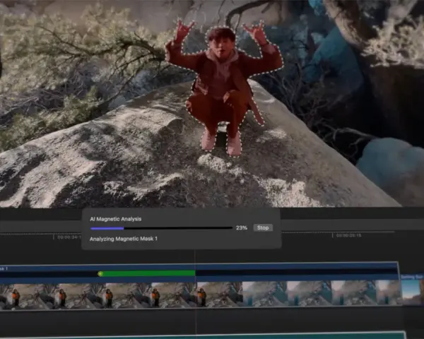 Edycja w Final Cut Pro: analiza maski AI dla postaci na skale.