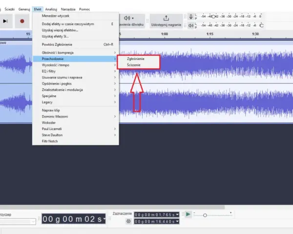 Audacity po polsku: menu "Efekt" z opcjami "Zgłośnienie" i "Ściszenie" na fali dźwiękowej.