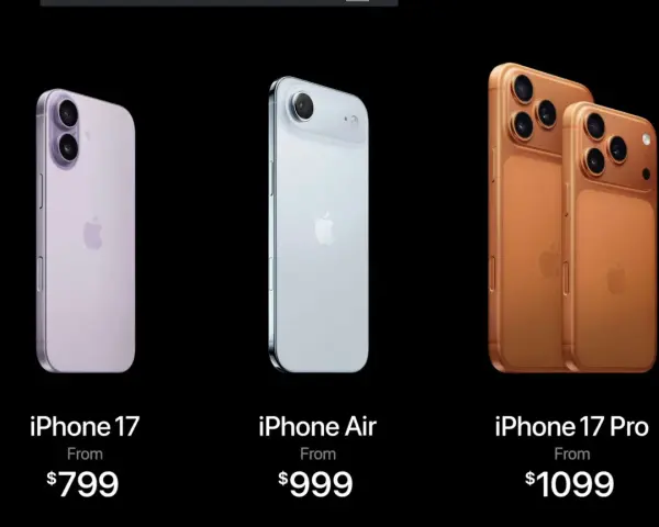 Trzy modele iPhone'ów: fioletowy iPhone 17, srebrny iPhone Air i złoty iPhone 17 Pro. Kiedy premiera iPhone 17?