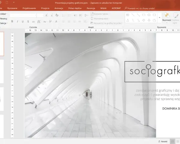 Program do prezentacji z widokiem slajdów. Na pierwszym slajdzie logo "sociografka" i hasło.