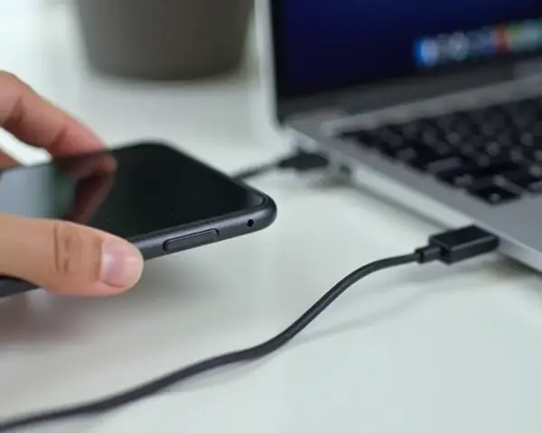 Dłoń trzyma telefon, który jest podłączony kablem USB do laptopa. Prosty sposób, jak połączyć telefon z laptopem.