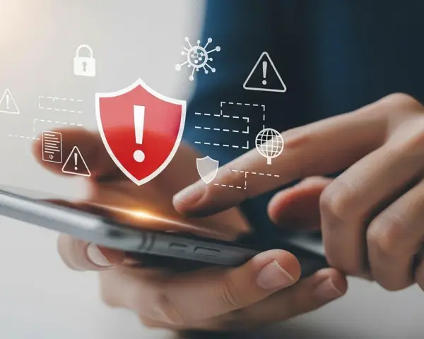 Dłonie trzymające smartfon, nad którym wyświetlają się ikony symbolizujące bezpieczeństwo i zagrożenia. Skuteczny antywirus na telefon chroni przed wirusami i atakami.