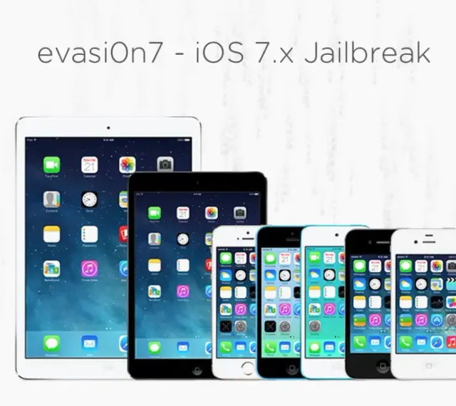evasi0n7 - iOS 7.x Jailbreak od evad3rs. Grupa urządzeń Apple z ikonami iOS, gotowa do jailbreak.