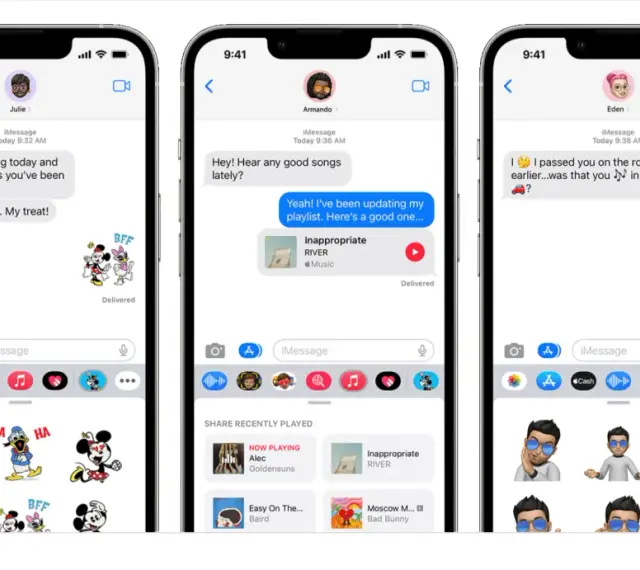 Trzy ekrany iPhone'a pokazują rozmowy w iMessage: zakupy, muzyka i spotkanie na drodze.