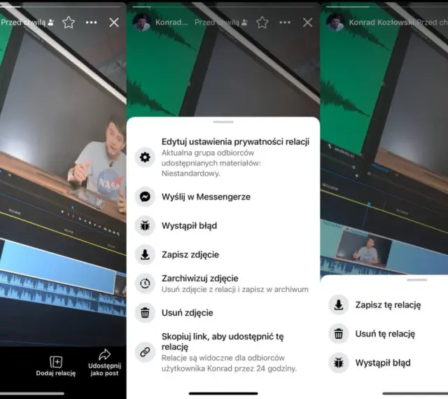 Chcesz wiedzieć, jak usunąć relacje z FB? Na ekranie widzisz opcje edycji prywatności relacji, w tym "Usuń zdjęcie" i "Usuń tę relację".