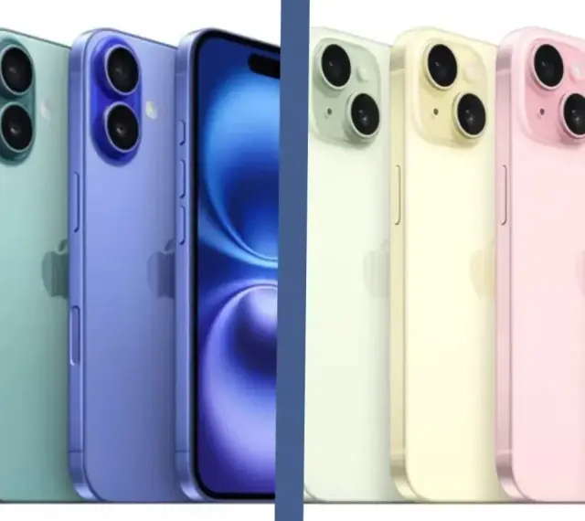 Rząd kolorowych iPhone'ów, od różowego po niebieski, obok innych modeli w pastelowych barwach. Czy to iPhone 15 czy 16?