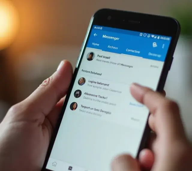Palec dotyka ekranu telefonu z aplikacją Messenger, szukając sposobu, jak odzyskać usunięte wiadomości.