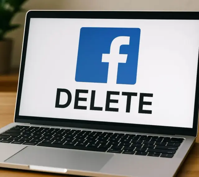 Laptop z logo Facebook i napisem DELETE. Poradnik jak usunąć konto na FB.