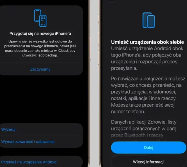 Przygotowanie do przeniesienia danych na nowego iPhone'a. Ekran z opcją "Przenieś na urządzenie Android" i instrukcjami, jak umieścić urządzenia obok siebie, by rozpocząć transfer. ios 26.3.