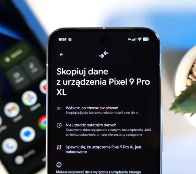 Jak przenieść dane z telefonu na telefon Android? Ekran telefonu Pixel 9 Pro XL pokazuje opcje kopiowania danych, zdjęć i kontaktów.