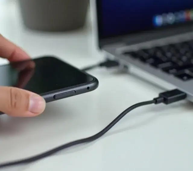 Dłoń trzyma telefon, który jest podłączony kablem USB do laptopa. Prosty sposób, jak połączyć telefon z laptopem.
