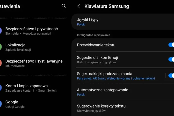 Ustawienia klawiatury Samsung: jak wyłączyć autokorektę? Widok opcji "Sugerowanie korekty tekstu" i "Przewidywanie tekstu".