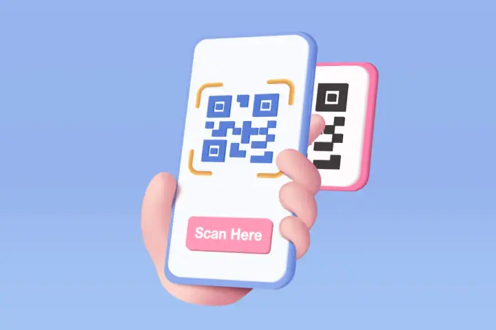 Dłoń trzyma smartfon z kodem QR i przyciskiem "Scan Here". Dowiedz się, jak zeskanować kod QR ze zdjęcia.