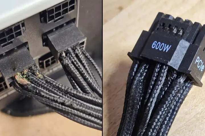 Uszkodzony kabel 12VHPWR 600W PCIe. Widoczne stopione złącze i przetarte przewody.