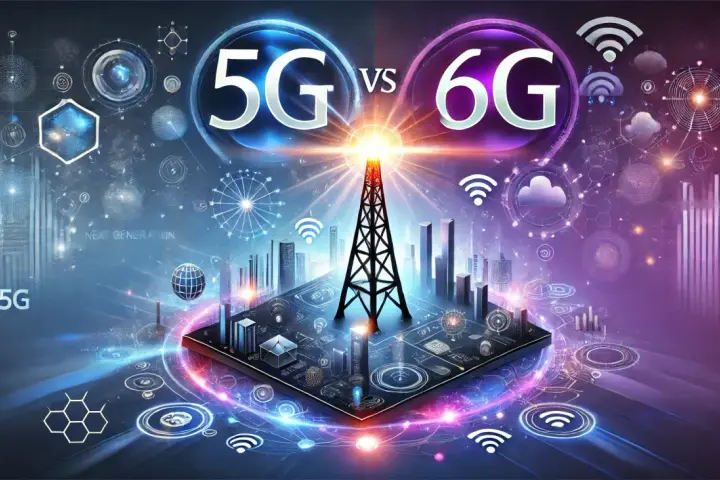 Porównanie 5G i 6G: futurystyczna wizja technologii sieciowych z wieżą transmisyjną w centrum.