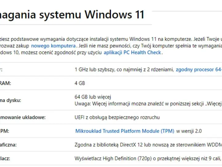 Tabela z wymaganiami systemu Windows 11: procesor 1 GHz, 4 GB RAM, 64 GB miejsca na dysku, UEFI, TPM 2.0, DirectX 12.