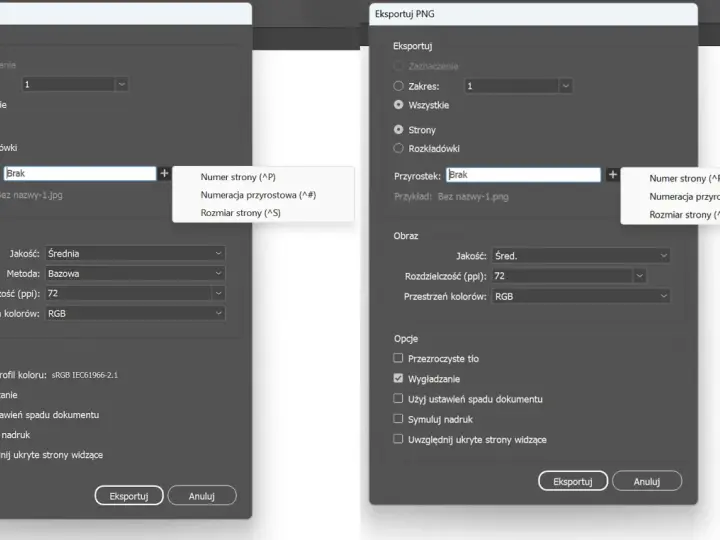 Ustawienia eksportu pliku png: jakość średnia, rozdzielczość 72 ppi, przestrzeń kolorów RGB. Opcje obejmują wygładzanie.