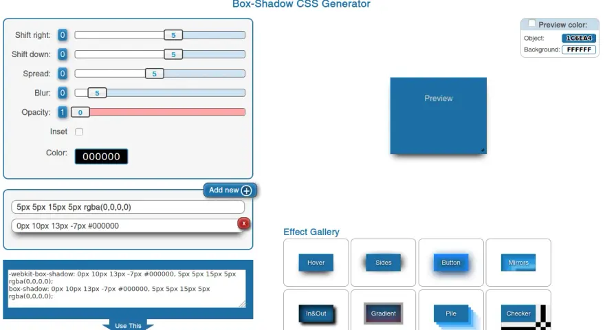 Generator CSS cieniowania pudełka z suwakami i podglądem.