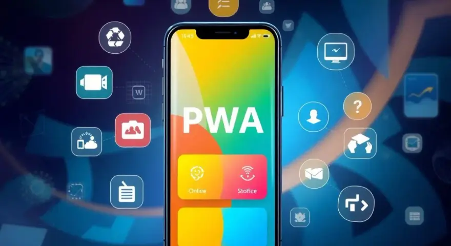 Telefon z napisem PWA, otoczony ikonami symbolizującymi różne funkcje aplikacji webowych.