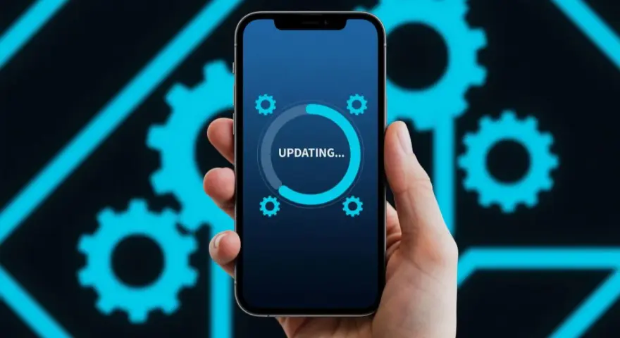 Dłoń trzyma smartfon z ekranem pokazującym pasek postępu "UPDATING..." i ikonki kół zębatych. Tło to schematyczne, neonowe koła zębate.