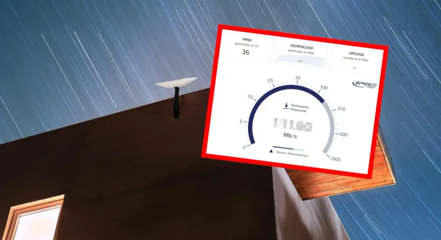 Antena satelitarna Starlink na dachu, obok ekran z testem prędkości internetu pokazującym 171 Mb/s.