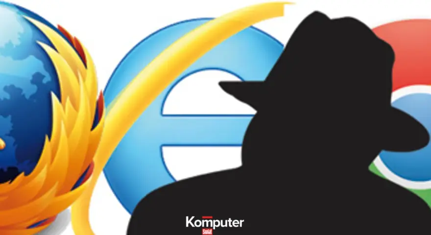 Sylwetka detektywa na tle ikon przeglądarek Firefox, Internet Explorer i Chrome. Czas włączyć tryb incognito.