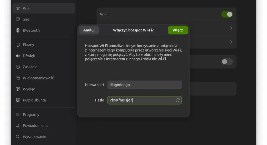 Ustawienia Wi-Fi: włącz hotspot, by udostępnić internet. Nazwa sieci: dingodongo, hasło: Vb9Kfn@sjd7.