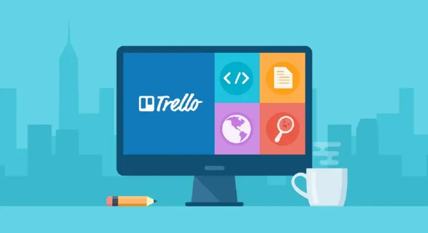 Komputer z logo Trello i ikonami: kod, dokument, świat, lupa. Idealne narzędzie do organizacji pracy, czyli trello co to.