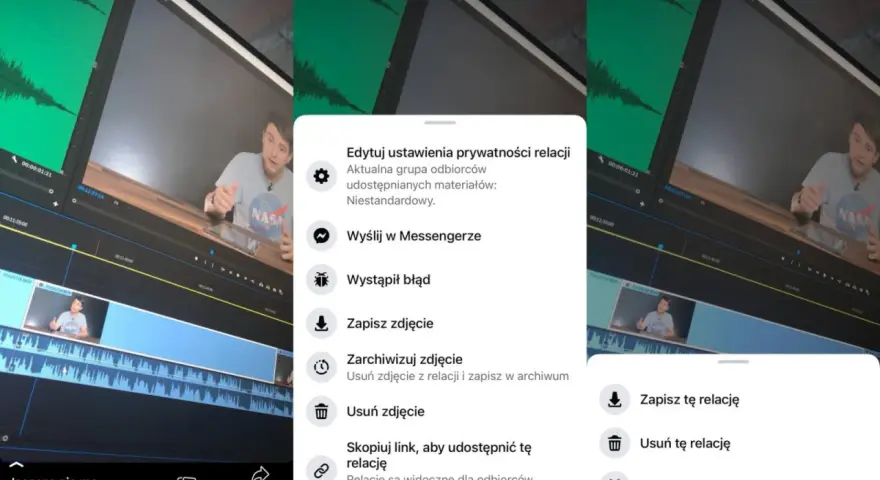 Chcesz wiedzieć, jak usunąć relacje z FB? Na ekranie widzisz opcje edycji prywatności relacji, w tym "Usuń zdjęcie" i "Usuń tę relację".
