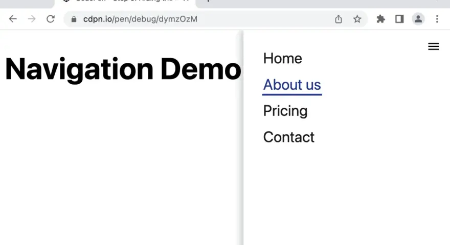 Menu nawigacyjne w przeglądarce z linkami: Home, About us, Pricing, Contact.