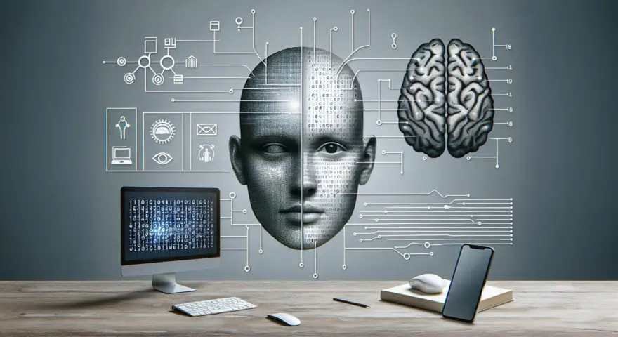 Cyfrowa twarz z kodem binarnym, mózg i ikony technologii. Rozpoznawanie twarzy (face id) w erze sztucznej inteligencji.