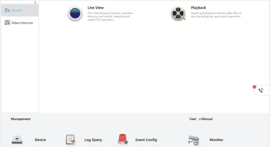 Interfejs SmartPSS lite z opcjami Monitor, Live View, Playback, Device, Log Query, Event Config i Monitor.