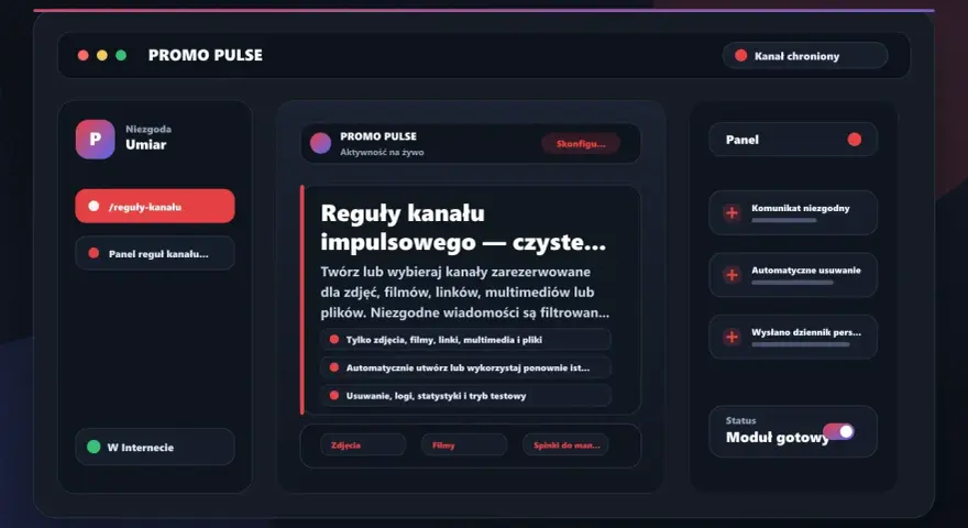 Interfejs przypomina Discorda, pokazując panel zarządzania kanałem "PROMO PULSE" z opcjami konfiguracji, regułami i statusem.