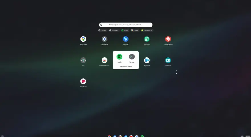 Ekran startowy Chrome OS Flex z ikonami aplikacji, w tym Spotify i Terminal, pogrupowanymi jako "Aplikacje na Linuksa".