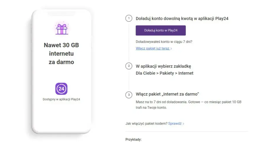 Grafika telefonu z napisem "Nawet 30 GB internetu za darmo" i ikoną Play24.