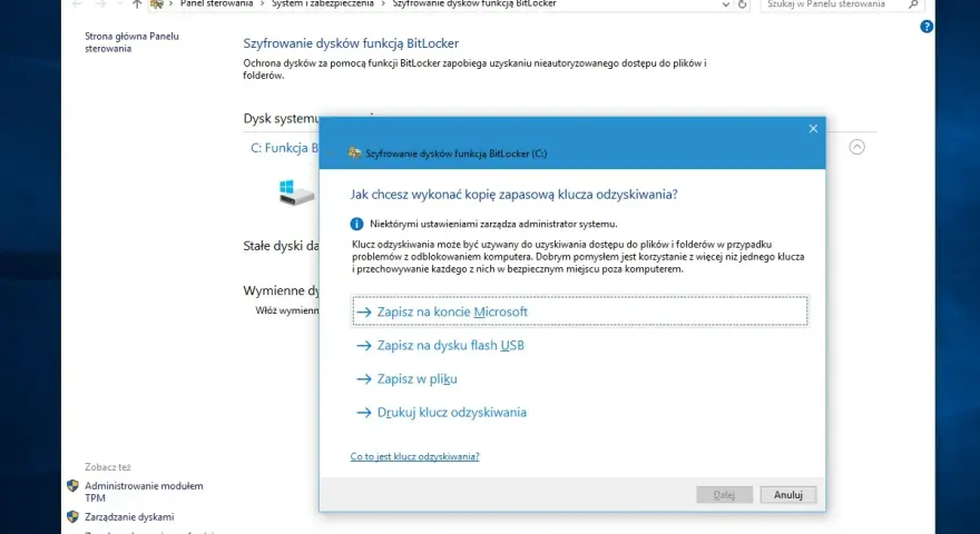 Okno dialogowe "Szyfrowanie dysków funkcją BitLocker" pyta o sposób zapisu klucza odzyskiwania.