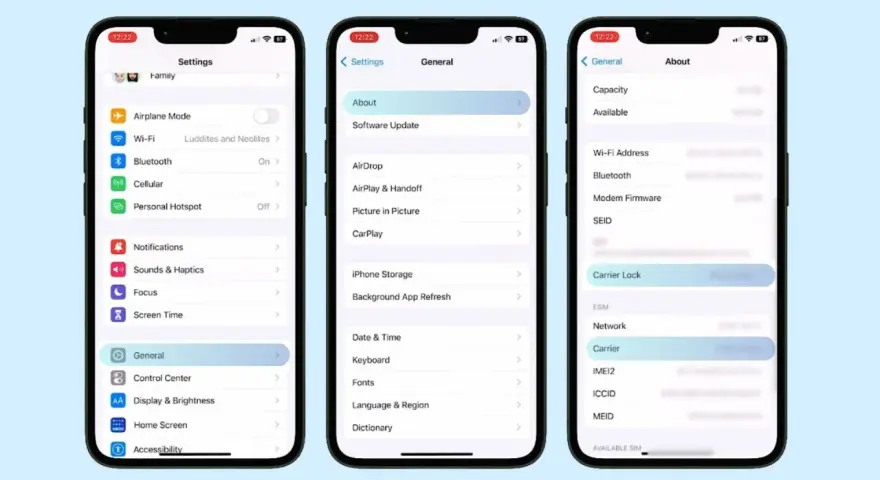 Jak odblokować iPhone? Zobacz, jak sprawdzić blokadę karty SIM w ustawieniach telefonu, przechodząc przez "Ogólne" do "Informacje" i "Blokada karty SIM".