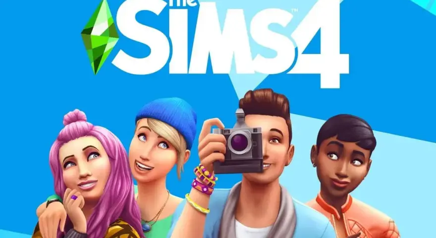 Grafika z logo The Sims 4 i czterema Simami, jeden z nich robi zdjęcie aparatem.