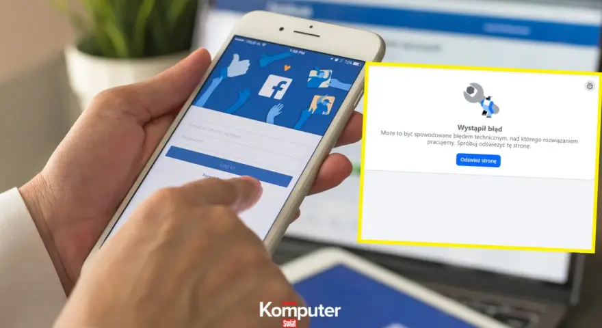 Facebook awaria dzisiaj. Na ekranie telefonu komunikat o błędzie technicznym.