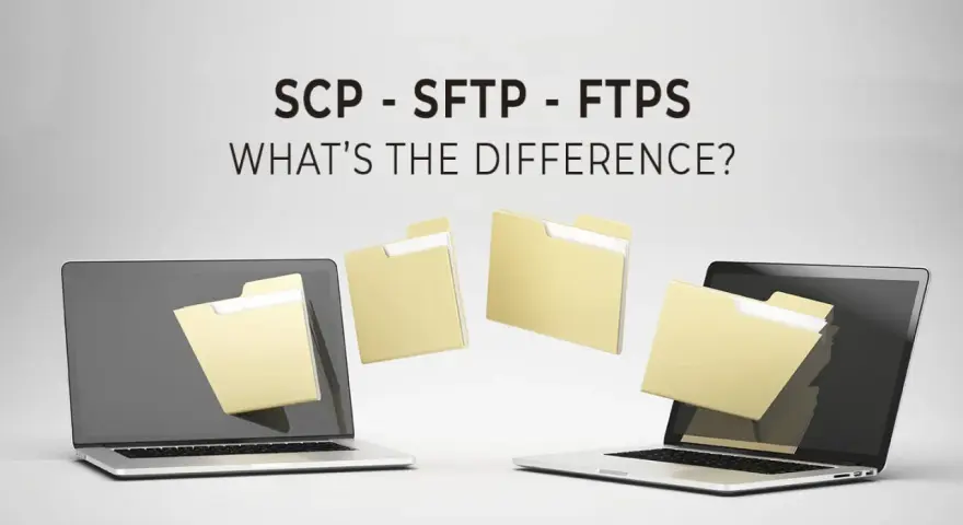 Dwa laptopy i foldery unoszące się w powietrzu, ilustrujące różnice między SCP, SFTP i FTPS.