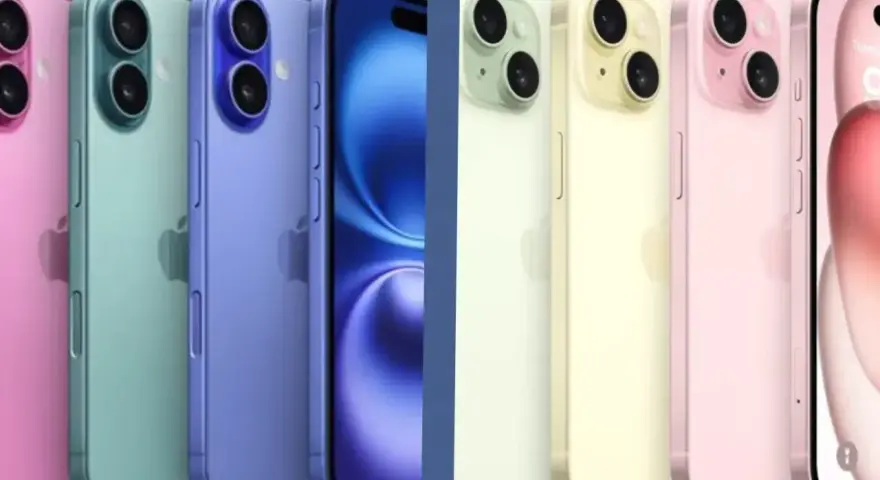 Rząd kolorowych iPhone'ów, od różowego po niebieski, obok innych modeli w pastelowych barwach. Czy to iPhone 15 czy 16?