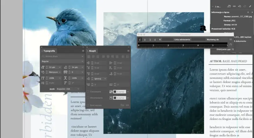 Panel "Typografia" w programie Adobe InDesign, z widocznym ptakiem i górami.