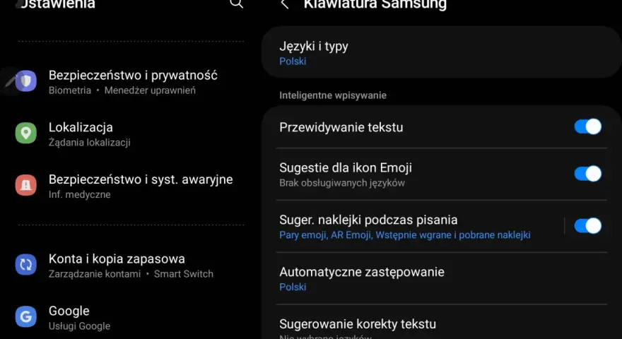 Ustawienia klawiatury Samsung: jak wyłączyć autokorektę? Widok opcji "Sugerowanie korekty tekstu" i "Przewidywanie tekstu".