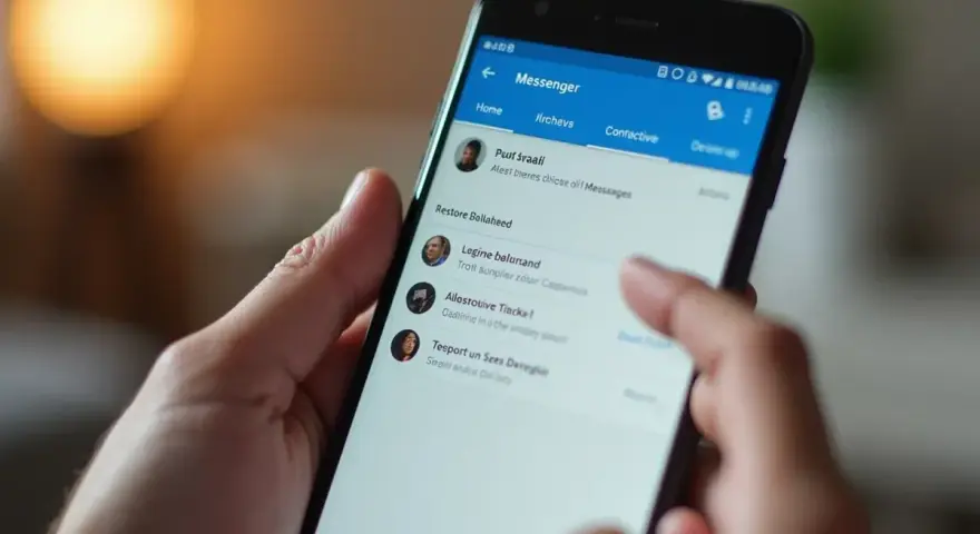 Palec dotyka ekranu telefonu z aplikacją Messenger, szukając sposobu, jak odzyskać usunięte wiadomości.